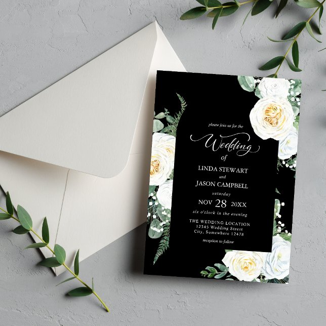 Personalisiert Black Elegante White Roses Hochzeit Einladung (Von Creator hochgeladen)