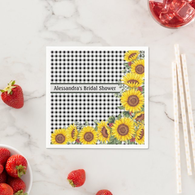 Personalisiert Black Gingham & Sunflowers Napkins Serviette (Beispiel)