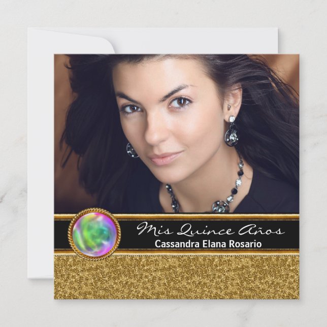 Personalisiert Black Gold Foto Quinceanera Einladung (Vorderseite)