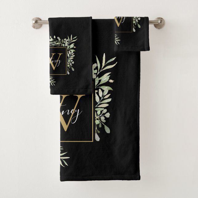 Personalisiert Black Gold Monogram Greenery Floral Badhandtuch Set (Insitu)