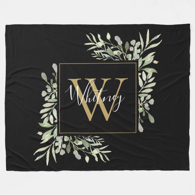 Personalisiert Black Gold Monogram Greenery Floral Fleecedecke (Vorderseite (Horizontal))