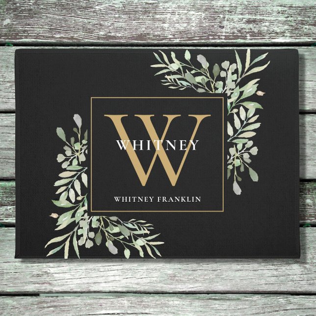 Personalisiert Black Gold Monogram Greenery Floral Fußmatte (Von Creator hochgeladen)