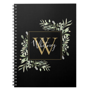 Personalisiert Black Gold Monogram Greenery Floral Notizblock