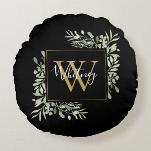 Personalisiert Black Gold Monogram Greenery Floral Rundes Kissen
