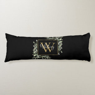 Personalisiert Black Gold Monogram Greenery Floral Seitenschläferkissen