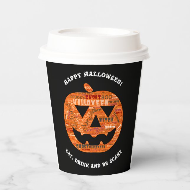 Personalisiert Black Halloween Pumpkin Word Cloud Pappbecher (Vorderseite)