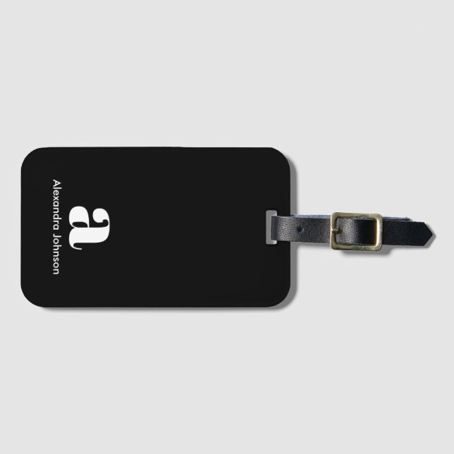 Personalisiert Black Modern Monogram Minimal Name  Gepäckanhänger (Vorderseite (Horizontal))