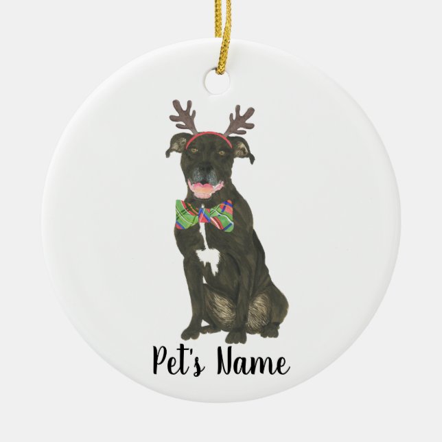 Personalisiert Black Pitbull Staffy Antlers Bowtie Keramik Ornament (Vorne)
