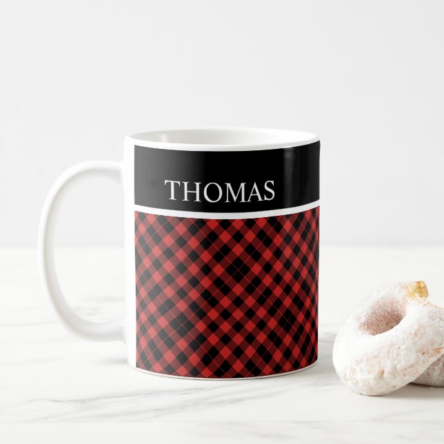 Personalisiert Black Red Gingham Individuelle Name Kaffeetasse (Mit Donut)