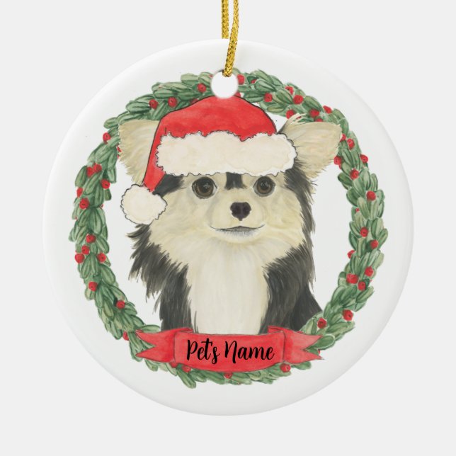 Personalisiert Black & Tan Long Haired Chihuahua Keramik Ornament (Vorne)