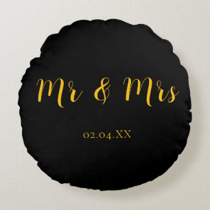 Personalisiert Black w/Yellow Mr & Mrs. Rundes Kissen