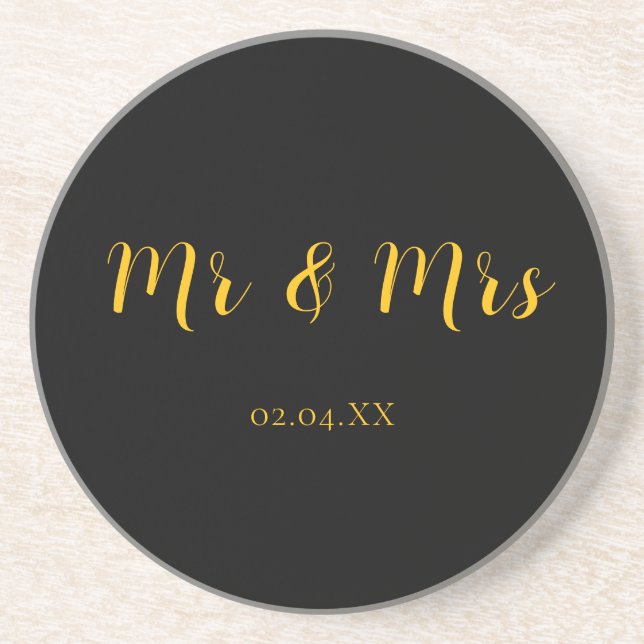 Personalisiert Black w/Yellow Mr & Mrs Sandstone Getränkeuntersetzer (Vorne)