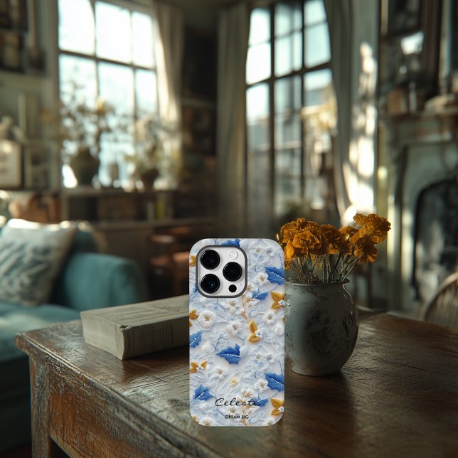 Personalisiert Blau und Gold bestickt mit Floral Case-Mate iPhone Hülle (Von Creator hochgeladen)