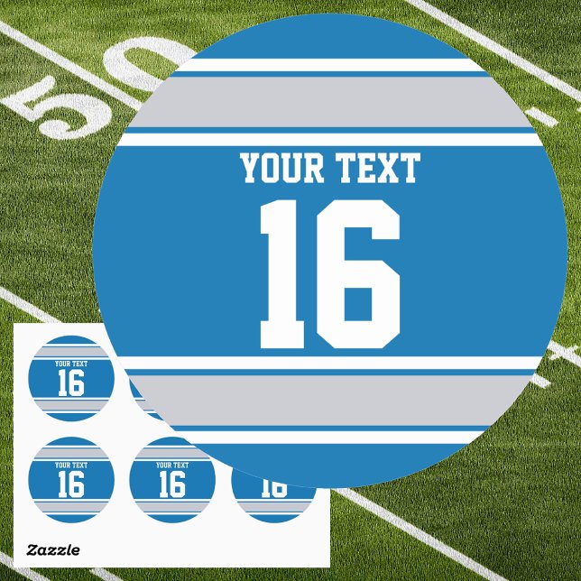 Personalisiert-Blau- und Silberstreifen Runder Aufkleber (Custom Text Blue and Silver Jersey Sport Stripes Round Sticker)