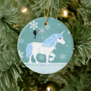 Personalisiert Blau und Weiß Einhorn und Fairy Keramik Ornament