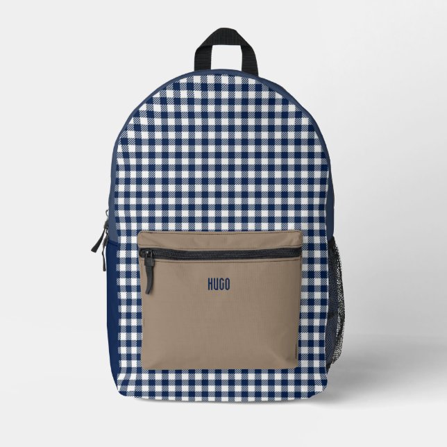 Personalisiert Blau und Weiß Gingham Tablecloth Bedruckter Rucksack (Vorderseite)