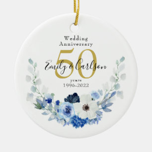 Personalisiert Blau und Weiße Blüte 50 Jubiläum Keramik Ornament