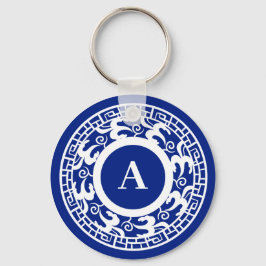 Personalisiert Blau Weiß Chinoiserie Chic Monogram Schlüsselanhänger