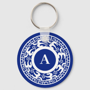 Personalisiert Blau Weiß Chinoiserie Chic Monogram Schlüsselanhänger