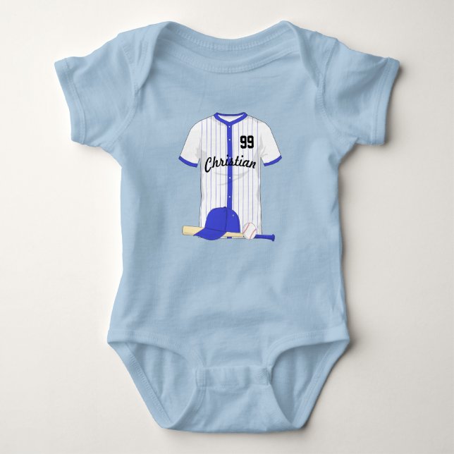 Personalisiert-blaues Baseball Baby Strampler (Vorderseite)