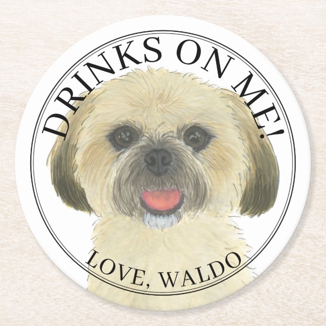 Personalisiert Blonde Tan Gold Shih Tzu Dog Weddin Runder Pappuntersetzer (Vorderseite)