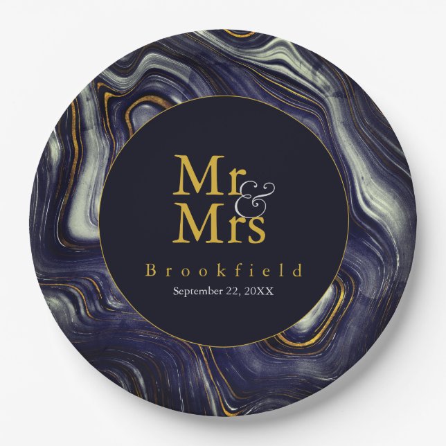 Personalisiert Blue Agate Wedding Mr. Mrs Pappteller (Vorderseite)