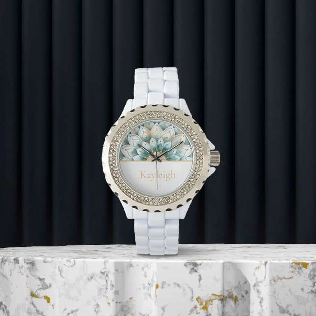Personalisiert Blue Aquamarin Gold Floral Watch Armbanduhr (Von Creator hochgeladen)