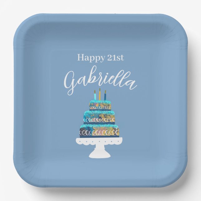 Personalisiert Blue Birthday Cake Pappteller (Vorderseite)