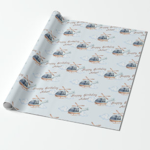 Personalisiert Blue Birthday Watercolor Helicopter Geschenkpapier