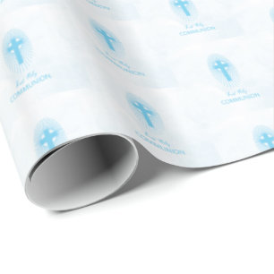 Personalisiert, Blue Boy Erstkommunion Kreuz Geschenkpapier