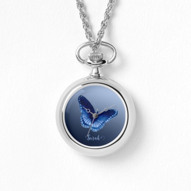Personalisiert Blue Butterfly Necklace Watch Armbanduhr (Vorderseite)