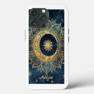 Personalisiert Blue Celestial Gold Sun Moon Mandal iPhone 13 Pro Hülle