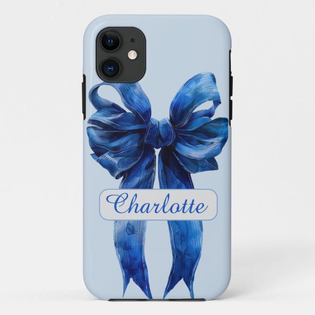 Personalisiert Blue Coquette Bow iPhone Case (Rückseite)