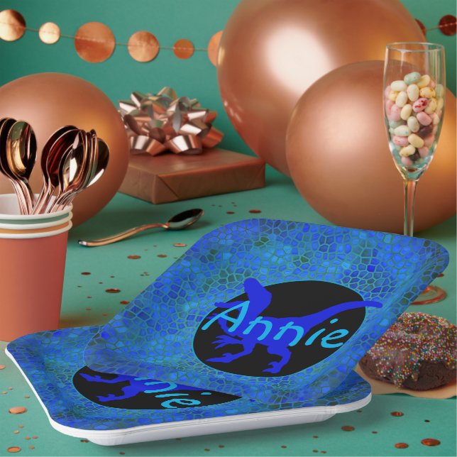 Personalisiert Blue Dinosaurier Pappteller (Multi)