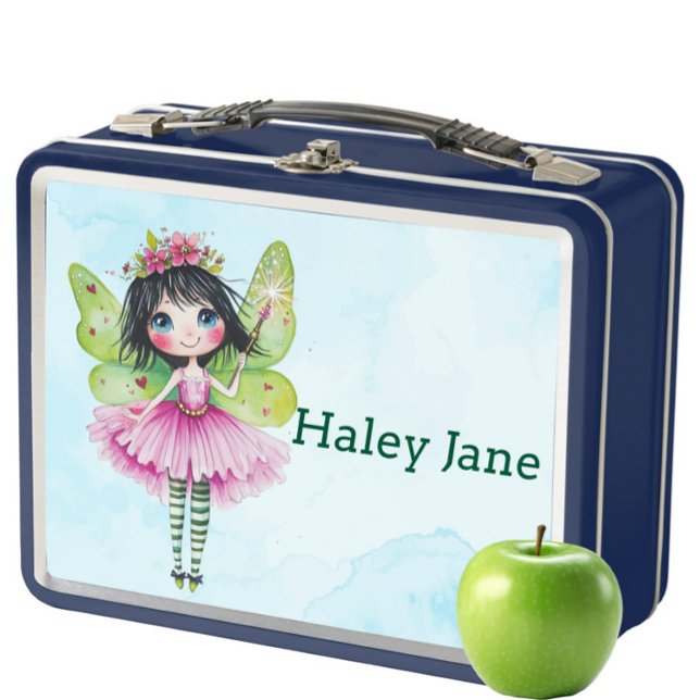 Personalisiert Blue Fairy Kids Metal Lunch Box (Personalized Blue Fairy Lunch Box for Kids – Cute Custom Name Whimsical Girl’s School Snack Box)
