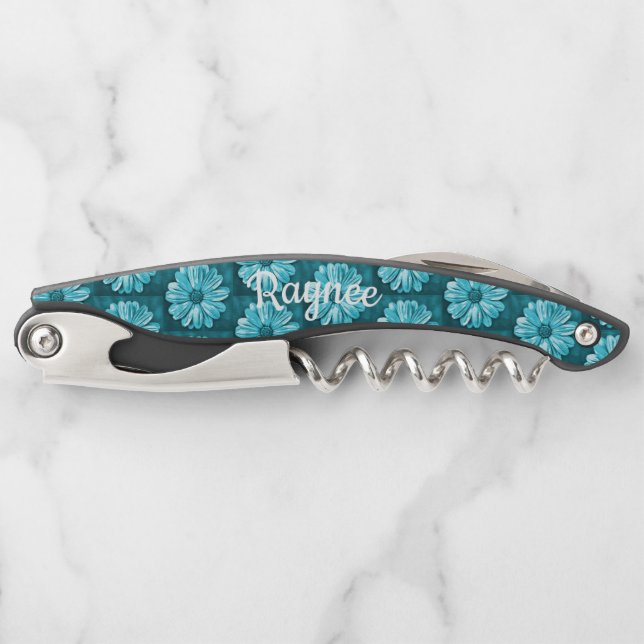 Personalisiert Blue Floral Corkschraube Kellnermesser (Vorderseite)