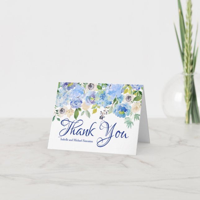 Personalisiert Blue Floral Dankeschön Hinweise Dankeskarte (Vorderseite)