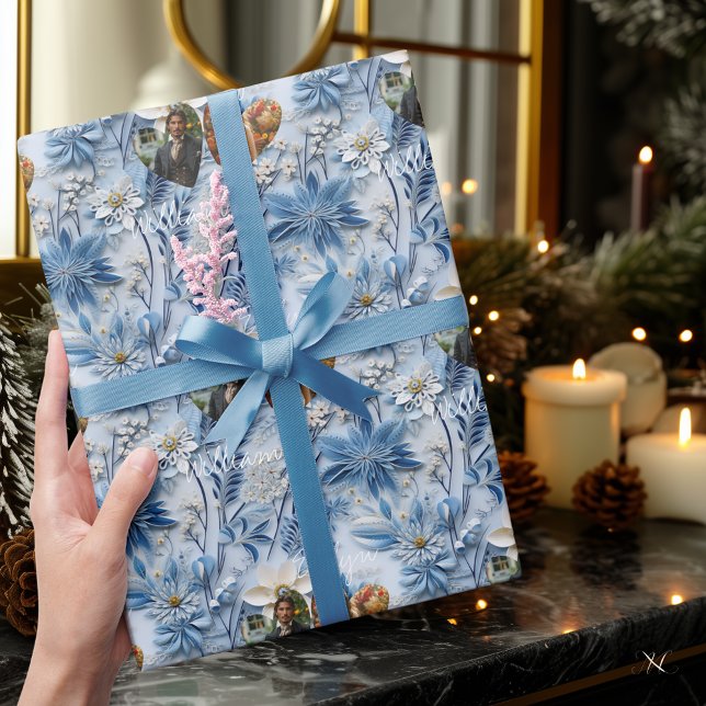 Personalisiert Blue Floral mit Fotos und Namen Geschenkpapier (Von Creator hochgeladen)