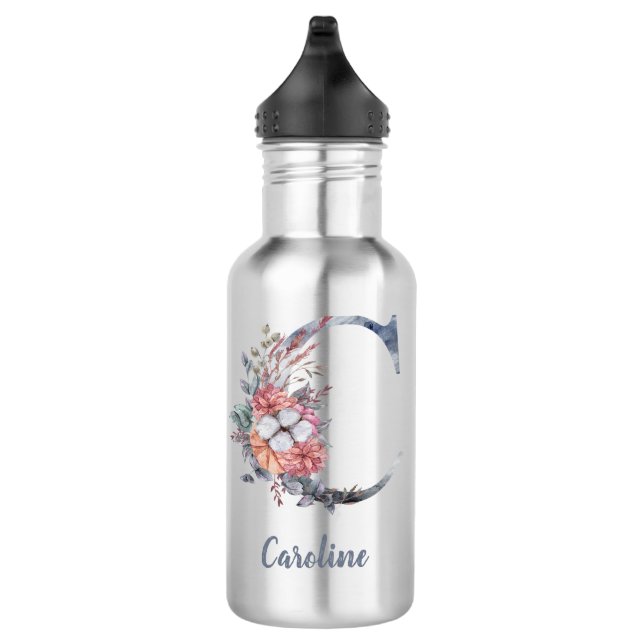 Personalisiert Blue Floral Monogram C Edelstahlflasche (Rechts)