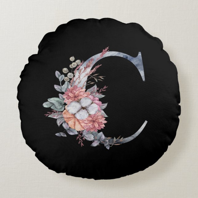 Personalisiert Blue Floral Monogram C Rundes Kissen (Vorderseite)