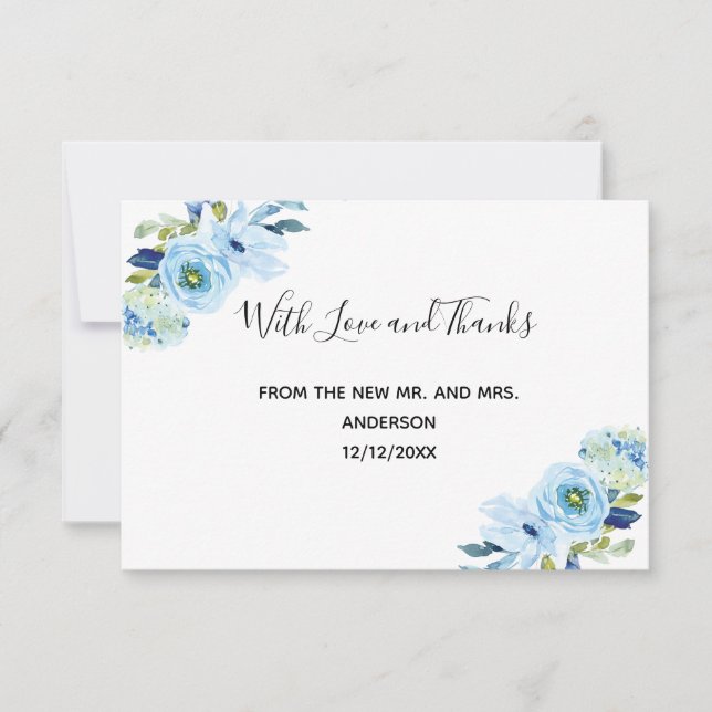 Personalisiert Blue Floral Wedding Dankeschön Kart Dankeskarte (Vorderseite)