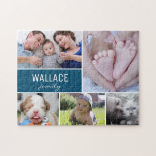 Personalisiert Blue Foto Collage Family Puzzle