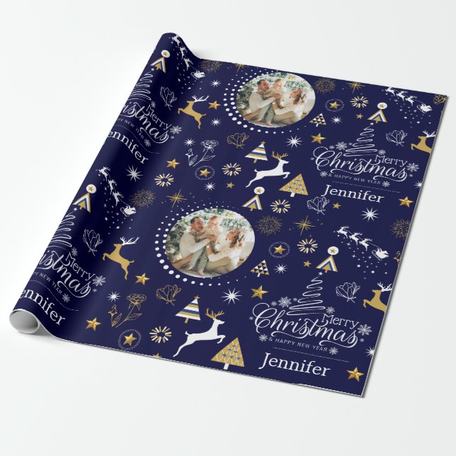 Personalisiert Blue Frohe Weihnachtsgeschenk Geschenkpapier (Ungerollt)