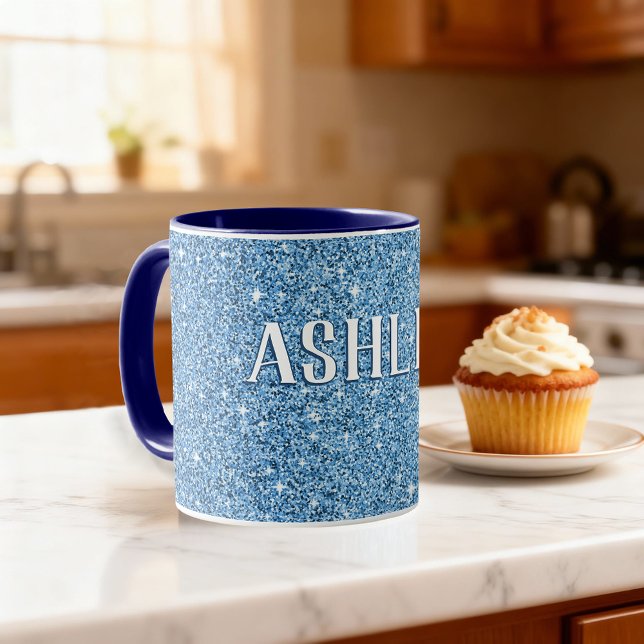Personalisiert Blue Funkelnd Glitzer mit Name Coff Tasse (Birthday gift idea! Personalized coffee mug with custom name.)