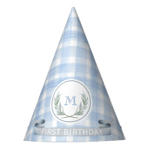 Personalisiert Blue Gingham Laurel Wappen Partyhütchen