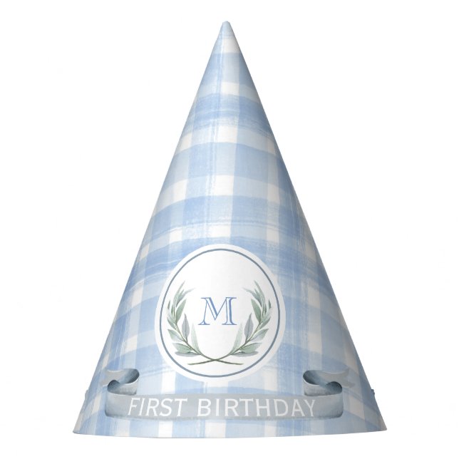 Personalisiert Blue Gingham Laurel Wappen Partyhütchen (Vorderseite)