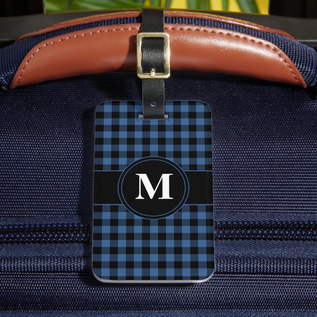 Personalisiert Blue Gingham Monogram Gepäckanhänger (Vorderseite Insitu 2)