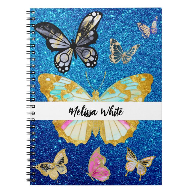 Personalisiert Blue Glitzer Butterfly Notizblock (Vorderseite)