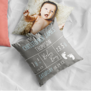 Personalisiert Blue Gray Birth Stat Baby Boy Foto Kissen