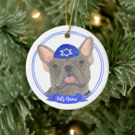Personalisiert Blue Gray Frenchie Hanukkah Keramik Ornament